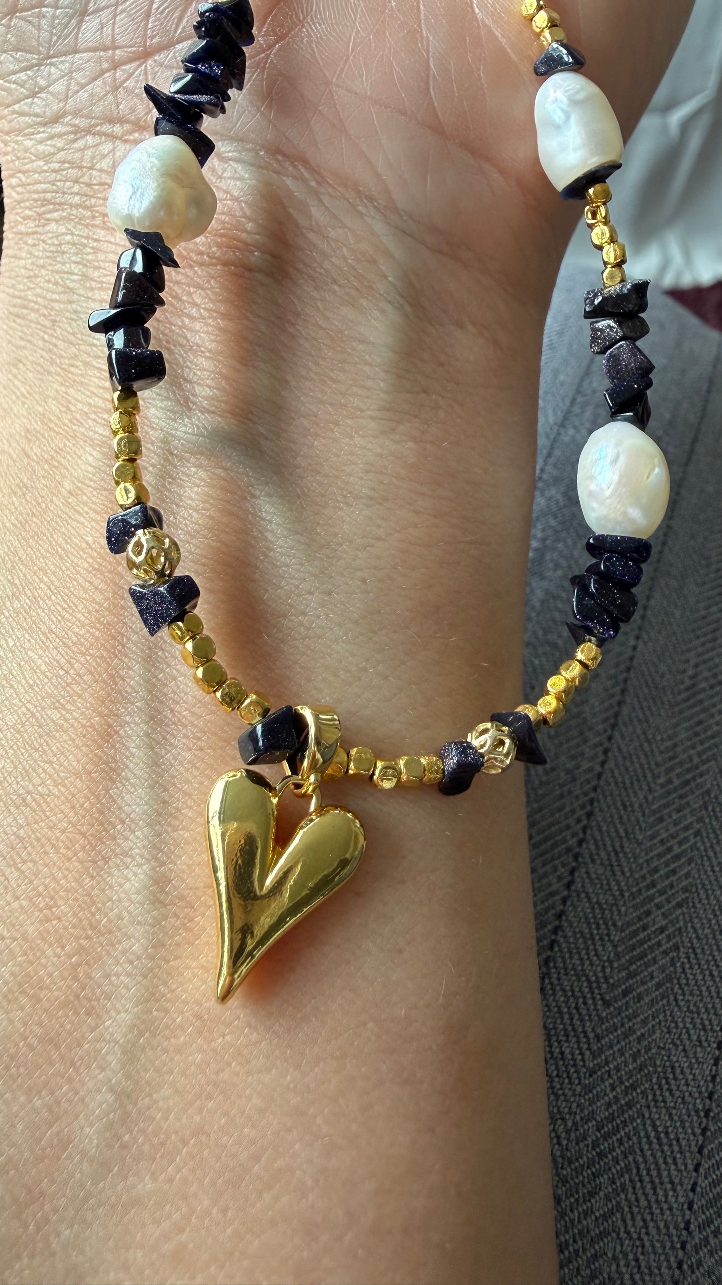 Midnight Necklace – Black Beads, Freshwater Pearls & Gold Heart Pendant