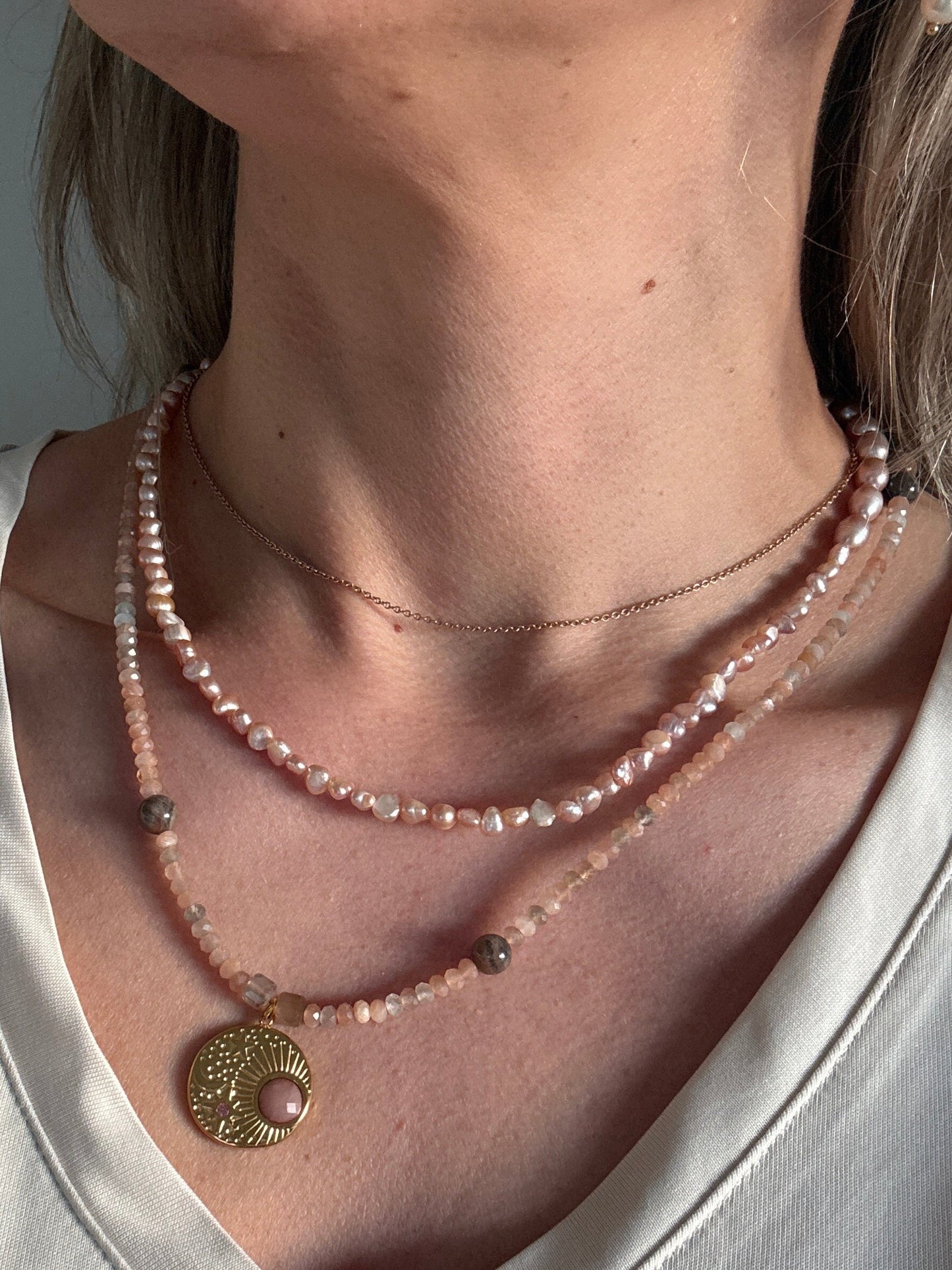 Blush Pearl Layered Necklace – Freshwater Pearls & Natural Gemstones