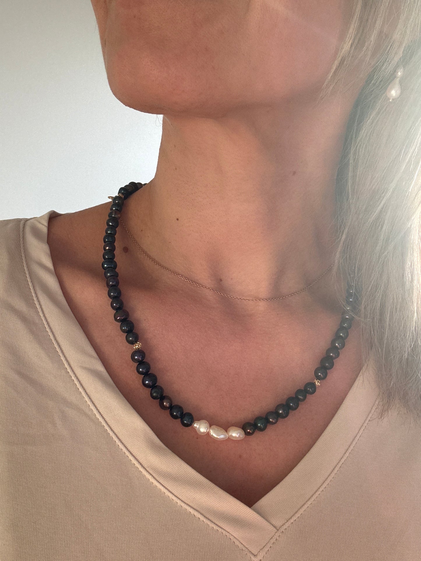 Nora Pearl Necklace – Black Pearls, Freshwater Pearl Accent & Gold Details