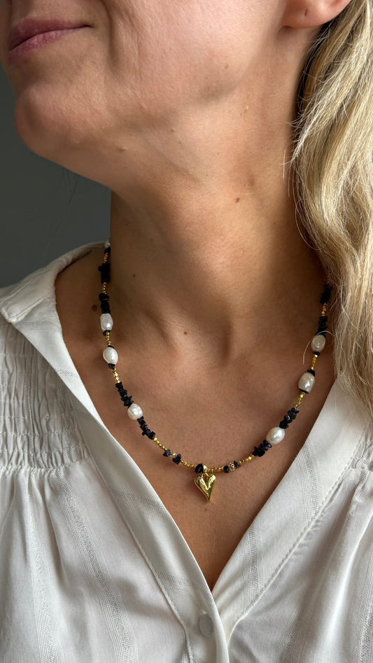 Midnight Necklace – Black Beads, Freshwater Pearls & Gold Heart Pendant