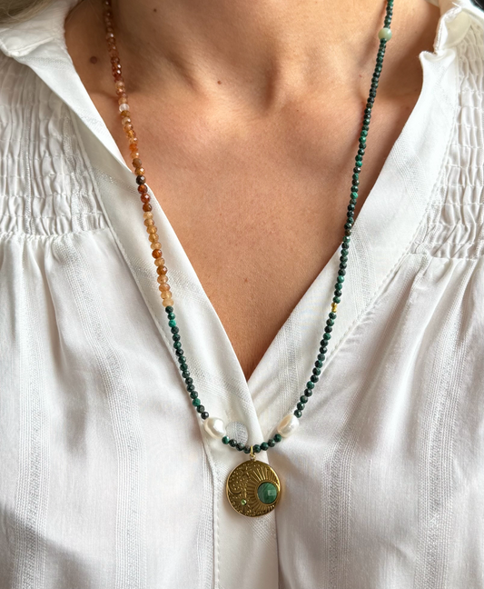 Emerald Sun Necklace – Green Stones, Freshwater Pearls & Gold Pendant