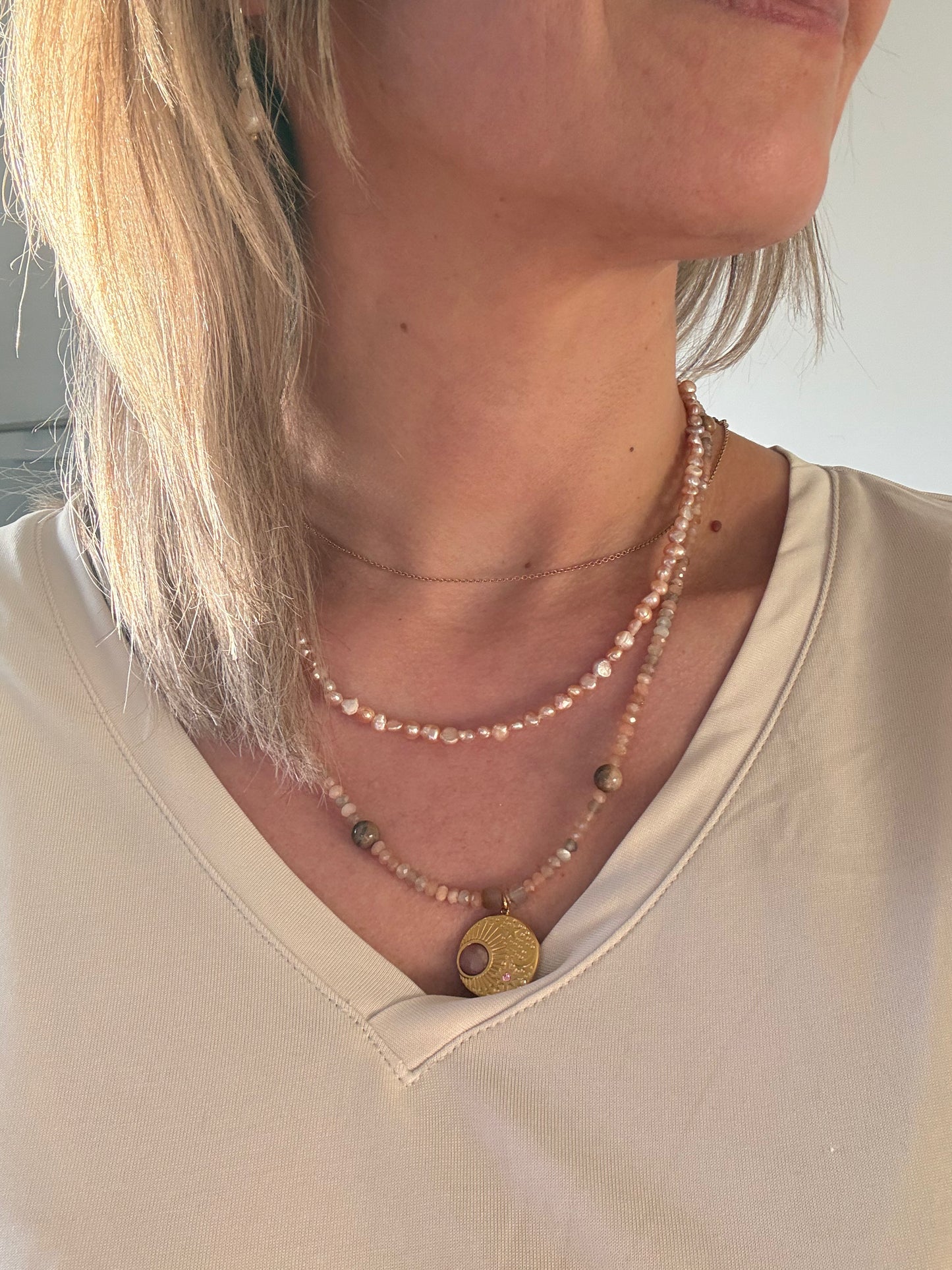 Blush Pearl Layered Necklace – Freshwater Pearls & Natural Gemstones