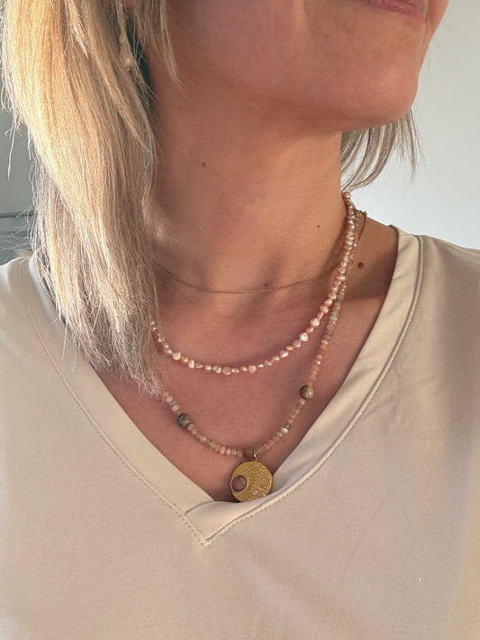 Blush Pearl Layered Necklace – Freshwater Pearls & Natural Gemstones